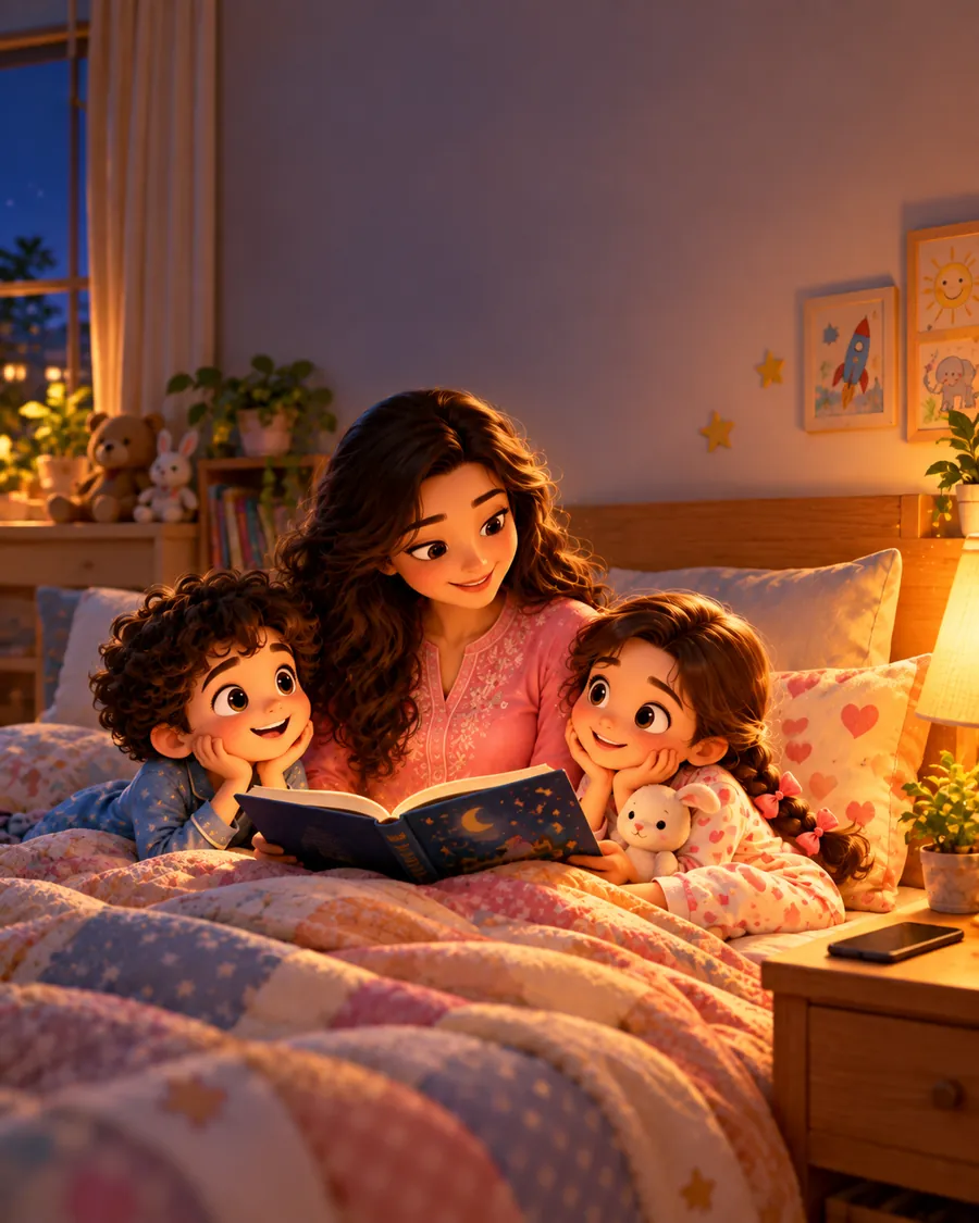 Mom reading a bedtime story to Akku and Kannu