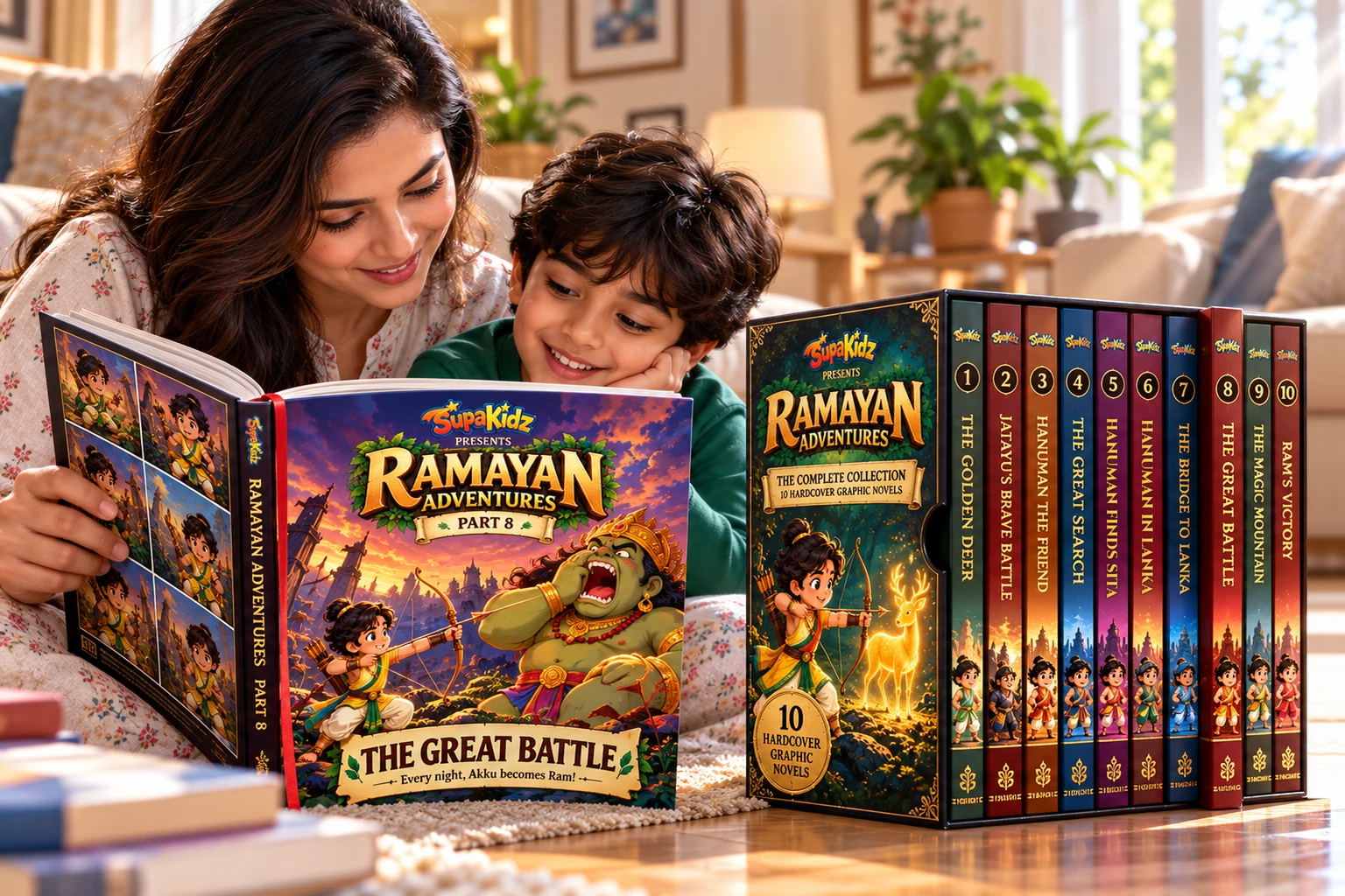 A mother and child reading Ramayan Adventures, next to the Luxury Edition slipcase with all 10 hardcover books